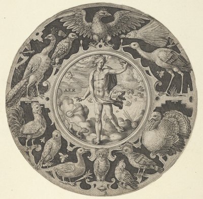 Aer in una cornice decorativa con uccelli, da una serie di disegni circolari con il F..., 1590-1612 da Crispijn de Passe I