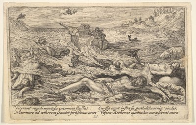 Il diluvio distrugge la vita sulla terra: cadaveri di umani e animali alla deriva in primo piano..., 1612 da Crispijn de Passe I