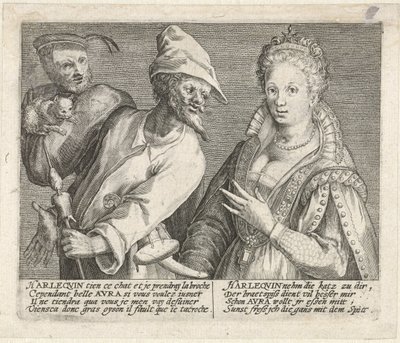 Aura tenta di sedurre Arlecchino Mimicarum aliquot facetiarum icones ad habitum Italicum expressi (titolo della serie) da Crispijn van de Passe (I)