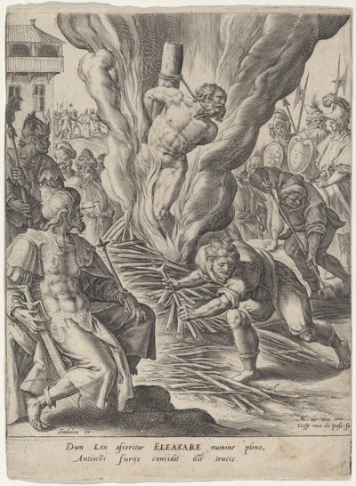Eleazaro bruciato da Antioco da Crispijn van de Passe I after Maarten de Vos