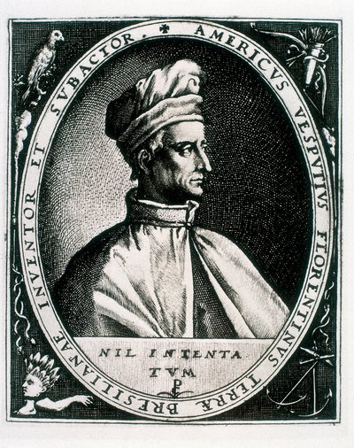 Ritratto di Amerigo Vespucci, iscrizione "Americus Vesputius Florentinus Terrae Bresilianae Inventoret Subactor" (incisione) da Crispin I de (after) Passe