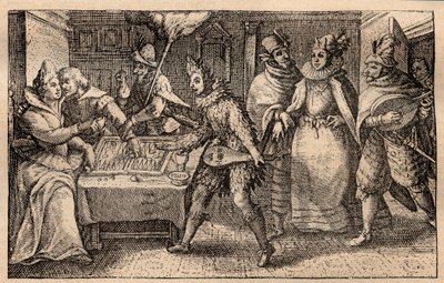 Una partita di backgammon con giocatori itineranti - Incisione su rame olandese; da una serie di stampe, Hortus Voluptatem, di Crispin de Passe (1550-1643) - Una coppia che gioca a backgammon sorpresa da cinque uomini mascherati incisione di Crispin de Pas da Crispin I de Passe