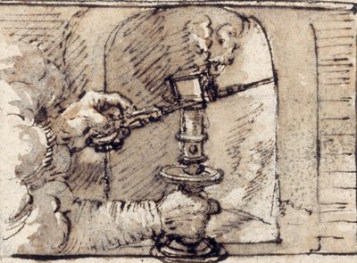 Mani che spengono una candela in un candeliere (penna e inchiostro marrone con lavaggio marrone su carta) da Crispin I de Passe