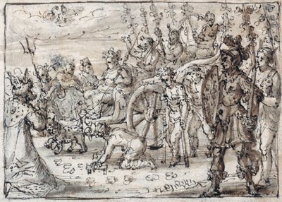 Ingresso trionfale di Bacco indiano a Tebe (penna e inchiostro marrone con lavaggio marrone su carta) da Crispin I de Passe