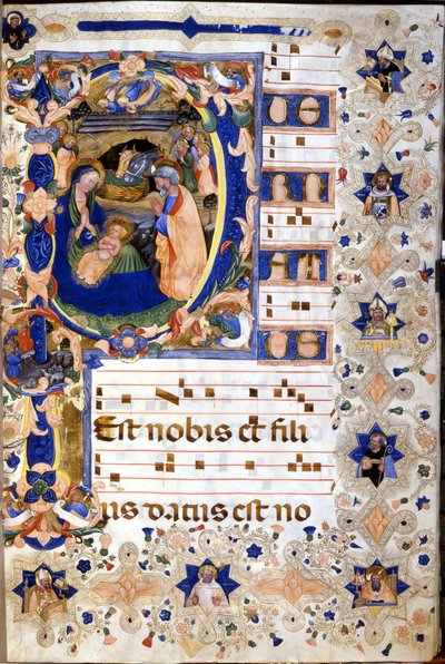 Coro del XV secolo con una lettera miniata "P" che rappresenta la natività di Cristoforo Cortese. Inizio XV secolo da Cristoforo Cortese