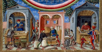 Dettaglio di mercanti che vendono vari articoli: a sinistra, un mercante di frutta e verdura, al centro un mugnaio che modella il grano (Miniatura, circa 1470) da Cristoforo De Predis