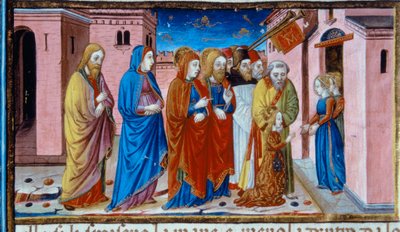 Illustrazione che raffigura Maria accolta dalle vergini del Tempio, nel Codice De Predis (c.15v) da Cristoforo De Predis
