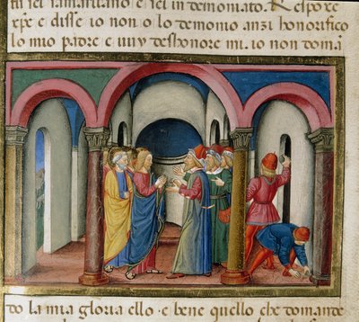 Gesù viene interpellato vicino al tempio di Salomone da ebrei che gli chiedono di provare la sua identità Miniatura di Cristoforo De Predis (1440-1486) dopo la Storia del Nuovo Testamento da Cristoforo De Predis