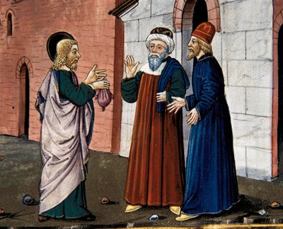 Giuda va dal sacerdote e confessa il suo tradimento di Cristo, dal Leggendario Sforza-Savoia da Cristoforo De Predis