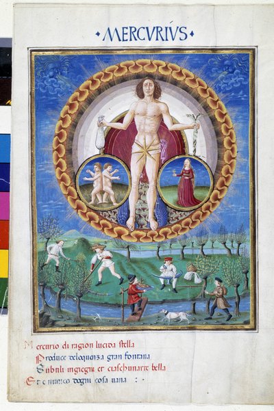 Mercurio con segni zodiacali della Vergine e dei Gemelli. In basso, contadini che lavorano nei campi. Miniatura realizzata da Cristoforo de Predis (v. 1440-v. 1486) - in "De Sphaera" d