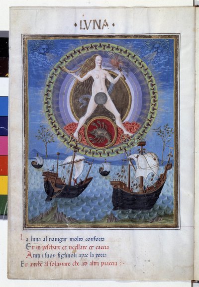 Luna con il segno zodiacale del cancro. Sotto, barche durante la marea crescente. Miniatura di Cristoforo de Predis (v. 1440-v. 1486) - in 