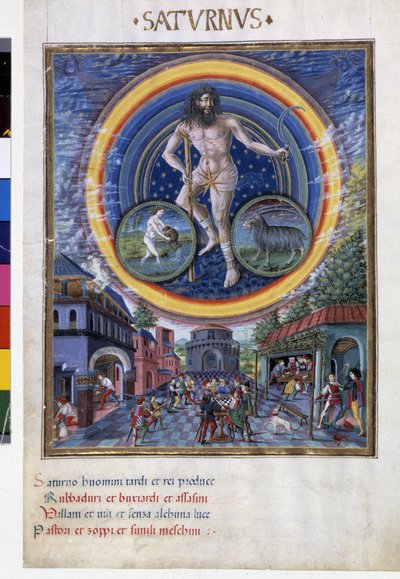 Saturno con segni zodiacali di acquario e capricorno. In basso, le scene di gioco e la sua influenza sugli uomini. Miniatura realizzata da Cristoforo de Predis (v. 1440-v. 1486) - in "De Sphaera" d