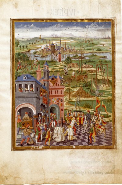 Scena di tortura e condanne in una città medievale. Influenze di Saturno (miniatura, c.1470) da Cristoforo De Predis