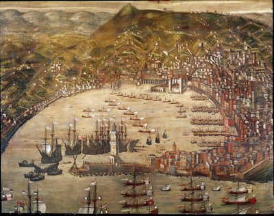 Veduta della città e del porto di Genova, con navi che vi entrano da Cristoforo Grassi or Grasso