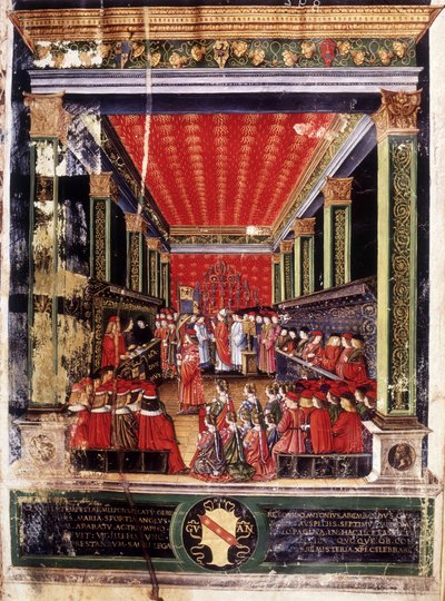 Induzione di Ludovico Maria Sforza detto il Moro (1452-1508) - miniatura dal Messale del Cardinale Arcimboldi, realizzata dal famoso miniaturista Cristoforo de Predis. Biblioteca Capitolare, Milano da Cristoforo De Predis