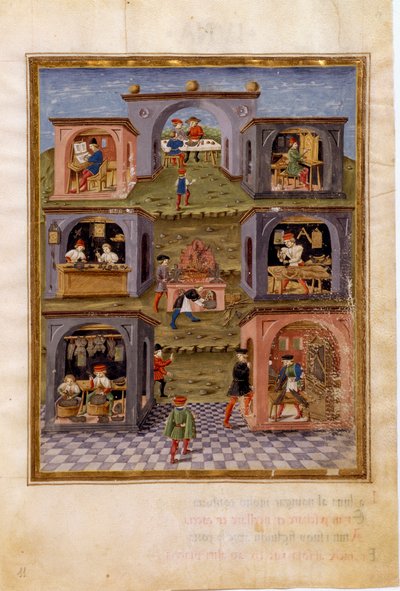 Influenze di Mercurio: gli artigiani. Una scena di cucina circondata da una scena di pasto, un copista, un orologiaio, un armaiolo, un organaro, uno scultore e un pittore di arte sacra (miniatura, c.1470) da Cristoforo De Predis