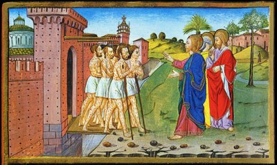 Gesù e i lebbrosi. Miniatura di Cristoforo da Predis - in Historia del nuovo testamento da Cristoforo De Predis