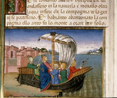 Gesù dice agli Apostoli di andare in barca a Cafarnao mentre lui va a pregare sulla montagna Miniatura di Cristoforo De Predis dopo la Storia del Nuovo Testamento da Cristoforo De Predis