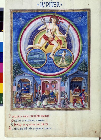 Giove con segni zodiacali dei pesci e del sagittario. In basso, mercanti che vendono vari articoli. Miniatura di Cristoforo de Predis in "De Sphaera" d