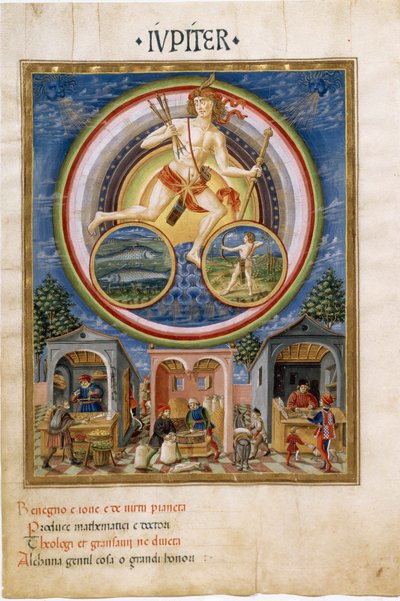 Giove con segni zodiacali di pesci e sagittario. Mercanti che vendono vari articoli da Cristoforo De Predis