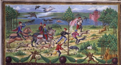 La Caccia (dettaglio) in "Influenza di Marte": caccia e tribunale. Miniatura di Cristoforo de Predis in "De Sphaera" d