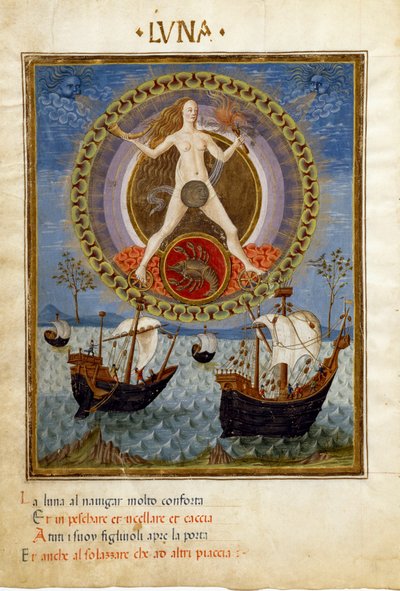 Luna con il segno zodiacale del cancro. Barche durante la marea crescente da Cristoforo De Predis