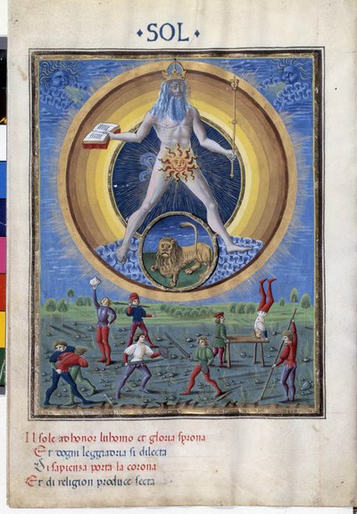 Sole con il segno zodiacale del leone. In basso scene di esercizi fisici degli uomini. Miniatura di Cristoforo de Predis in "De Sphaera" d
