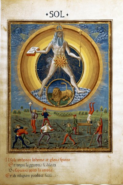 Sole con il segno zodiacale del leone. Scene di esercizi fisici degli uomini (miniatura, c.1470) da Cristoforo De Predis