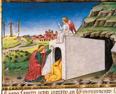 Gli apostoli Pietro e Giovanni scoprono la tomba vuota di Cristo, dal Leggendario Sforza-Savoia da Cristoforo De Predis