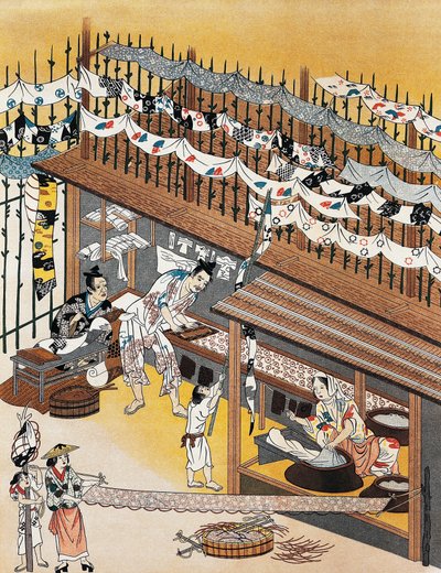 Artigiani al lavoro, dipingendo schermi di seta, Periodo Edo (1600-1868) da Culture Edo