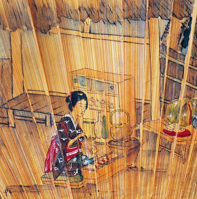 Ventaglio a doppia faccia con stecche e guardia in legno laccato che raffigura la preparazione del tè da Culture Edo