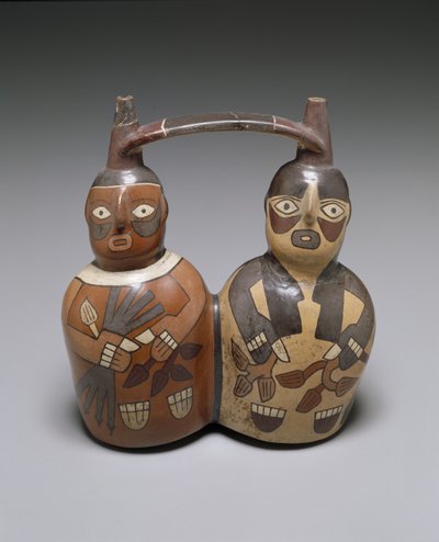 Vaso a Doppio Beccuccio con Manico a Cinghia: Due Figure da Culture Nazca