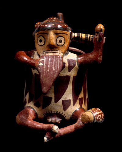 Arte precolombiana, civiltà Nazca: vaso antropomorfo che rappresenta un musicista che suona il flauto di Pan. 100 a.C.-800 d.C. Lima, Museo Archeologico da Culture Nazca
