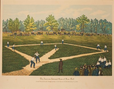 Il gioco nazionale americano del baseball, ca 1866 da Currier and Ives.