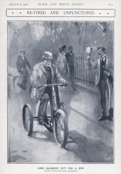 Il politico conservatore inglese e Primo Ministro Lord Salisbury in bicicletta da Cyrus Cuneo