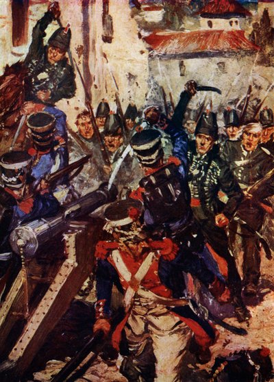 La Brigata dei Fucilieri che libera un villaggio (litografia a colori) da Cyrus Cuneo
