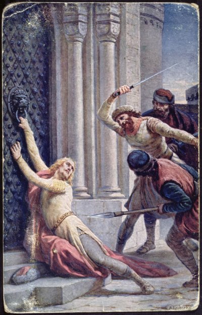 Assassinio di San Venceslao da parte di suo fratello Boleslav sui gradini di una chiesa, cartolina dei primi del XX secolo da Czech School