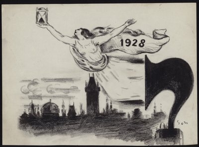 Figura femminile che tiene una clessidra sopra una silhouette dello skyline di Praga da Czech School