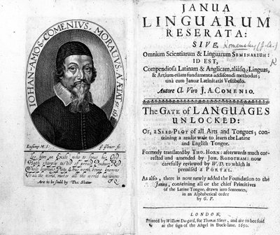 Frontespizio e frontespizio di Janua Linguarum Reserata con un ritratto di Jan Amos Komensky, inciso da George Glover, 1650 da Czech School
