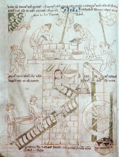 Ms 23 C 124 fol.3 La costruzione della Torre di Babele, dalla Bibbia di Velislav, c.1340 da Czech School