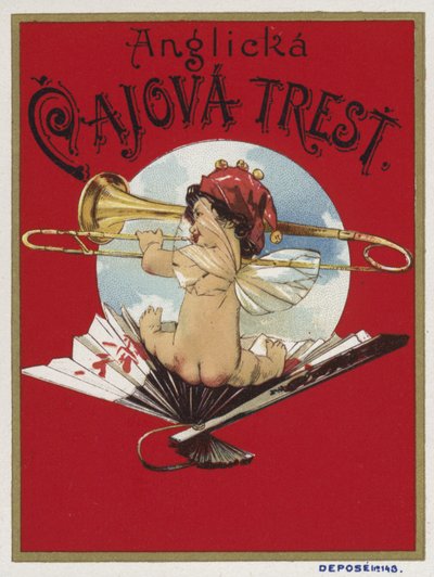 Etichetta del prodotto raffigurante un cherubino che suona un trombone da Czech School