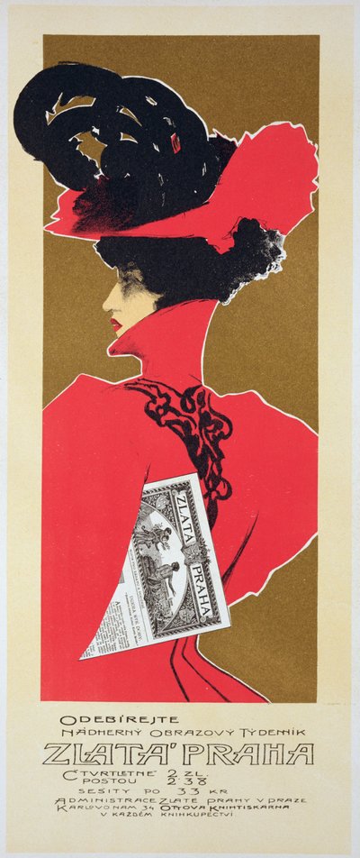 Riproduzione di un poster pubblicitario di Zlata Praha, un settimanale illustrato, Praga da Czech School