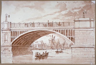 Veduta di una piccola barca che passa sotto il ponte di Vauxhall, Londra da DHC