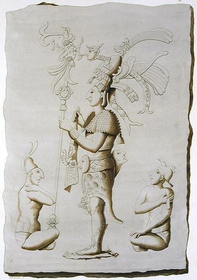 Un re, scultura dal Palazzo, Palenque, Chiapas, Messico (incisione a colori) da D.K. (after) Bonatti
