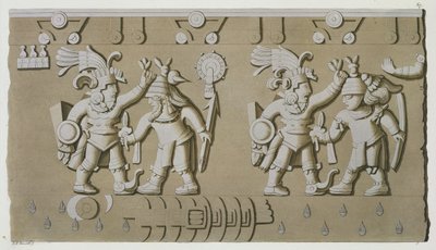 Bassorilievo di antichi guerrieri aztechi, dalla Pietra di Tizoc che commemora un sovrano che tiene i suoi prigionieri per la testa da D.K. Bonatti
