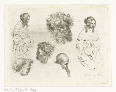 Foglio di studio con teste e corpi di donne da D. van den Bosch