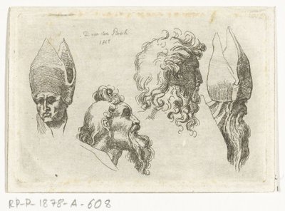 Foglio di studio con quattro teste, di cui due con mitra da D. van den Bosch