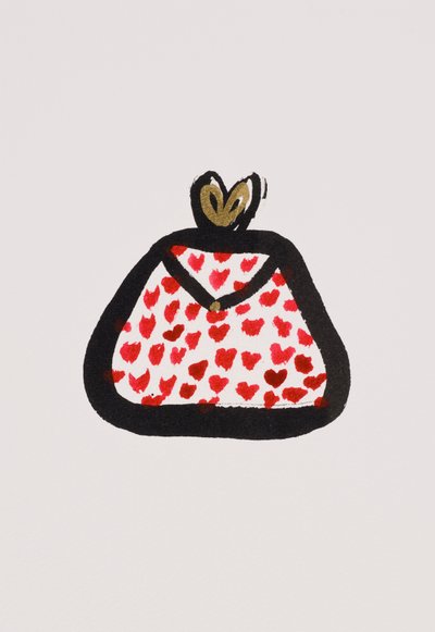 Red Spotty Purse, 2017 (inchiostro india rosso e nero con pennarello oro su carta) da Daisy de Villeneuve