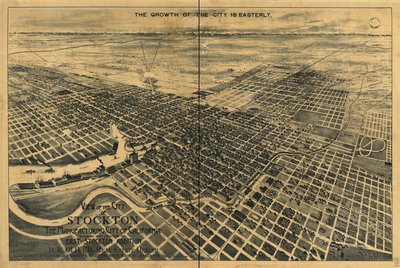 Vista della città di Stockton, la città manifatturiera della California. Mostra la posizione dell
