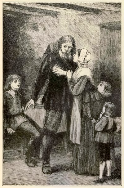 Christian confida nella moglie da Il pellegrinaggio del cristiano da questo mondo a quello che verrà di John Bunyan (1628-1688) illustrazione di Thomas Dalziel (1823-1906) da Dalziel Brothers